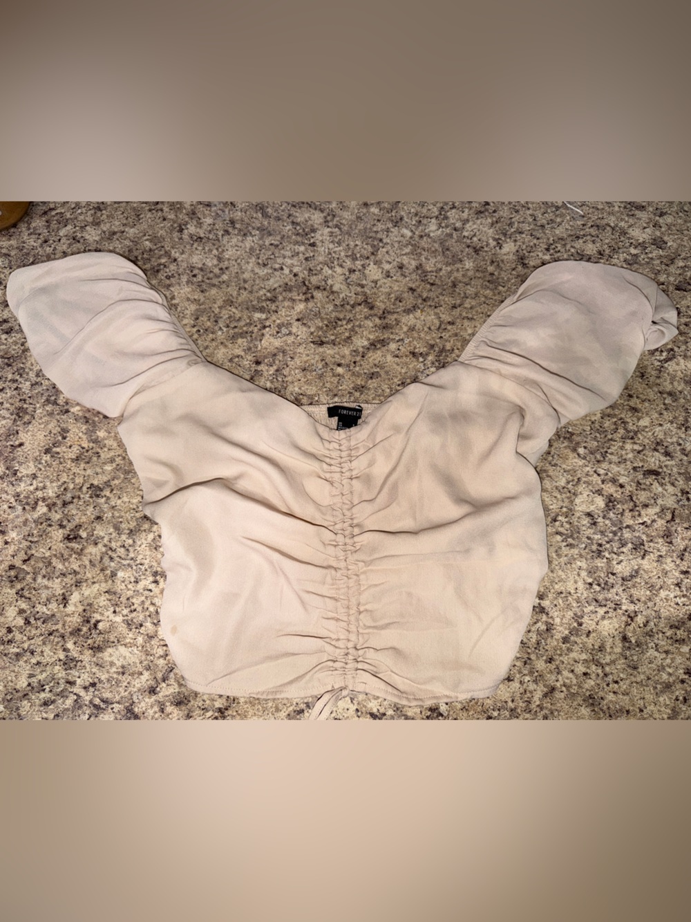 Forever 21 Cream Ruched Crop Top with Puff Sleeves